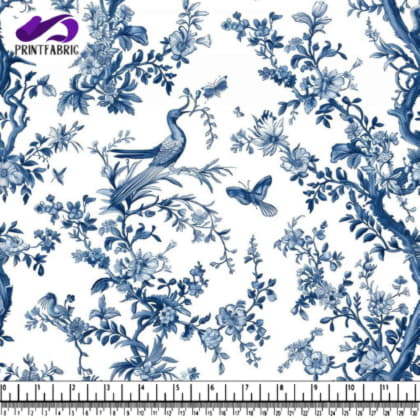 Blue and White Floral Pattern with Birds and Butterflies