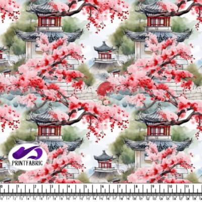 Chinese Pagoda Watercolor Painting with Cherry Blossoms