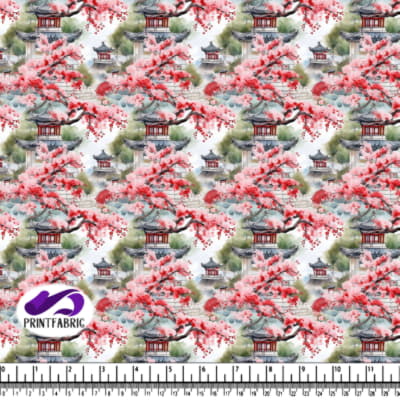 Chinese Pagoda Watercolor Painting with Cherry Blossoms