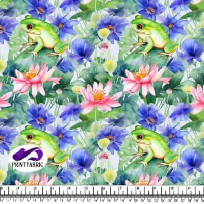 reen Frog on Lotus Flowers with Butterflies