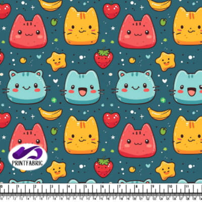 Cute Cartoon Cat, Strawberry, and Banana Pattern