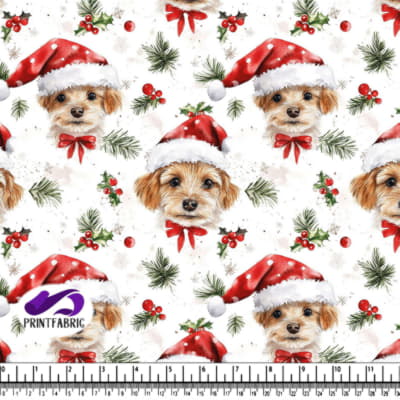 Festive Dog Pattern with Santa Hats and Holiday Decor