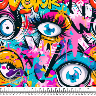 Colorful graffiti-inspired pattern with large expressive eyes