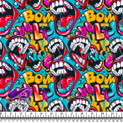 Colorful graffiti-style with shouting mouths and bold text.