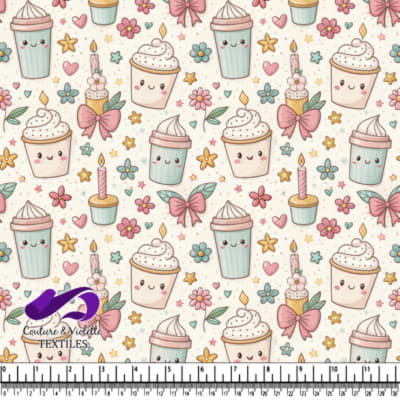 Cute Kawaii Dessert and Flower Pattern with Smiling Faces