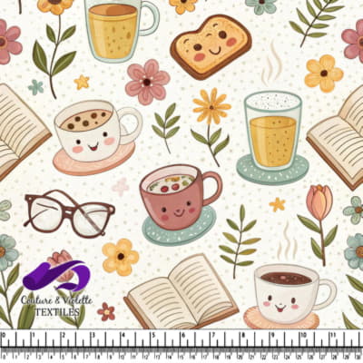 Cozy Coffee and Books Pattern with Floral Accents