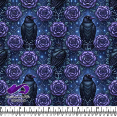 Midnight Raven Surrounded by Purple Roses and Stars Pattern