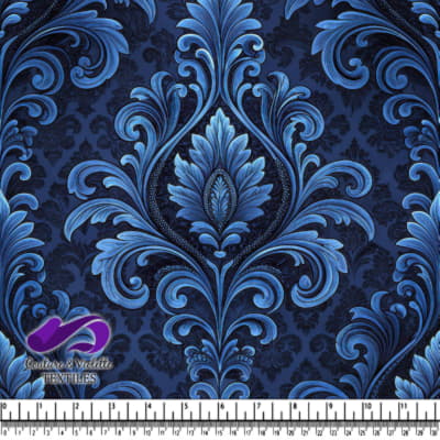 Blue and navy baroque floral damask pattern textile with ornamental swirls and leaves.
