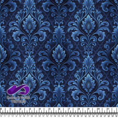 Blue and navy baroque floral damask pattern textile with ornamental swirls and leaves.