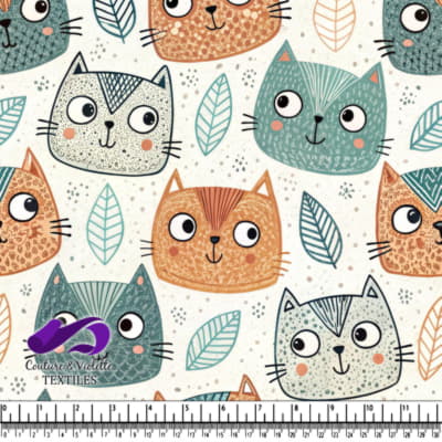 Cute cartoon cat faces with leaves