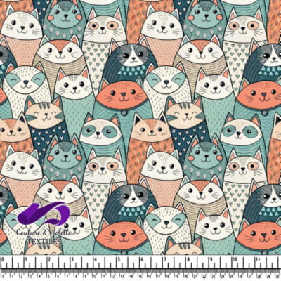 Cartoon cats in various colors and playful expressions