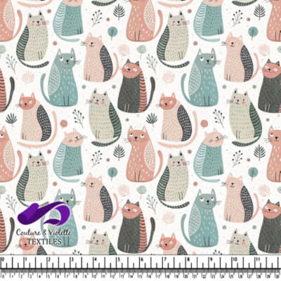 Colorful cats and delicate botanical elements on a white background