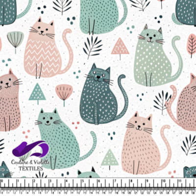 Pastel colored cats with plants on white background