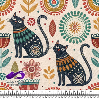 Black cats surrounded by colorful floral and geometric designs