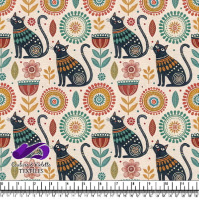 Black cats surrounded by colorful floral and geometric designs