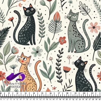 Whimsical cats and floral elements on a light background