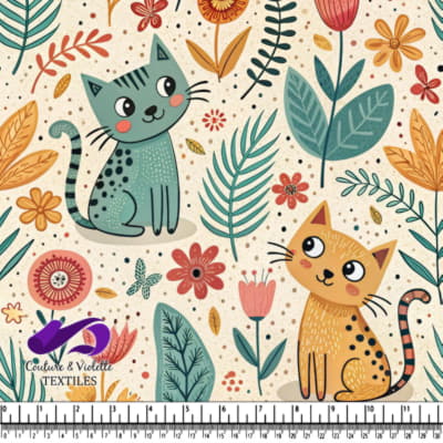 Cute cats and colorful flowers and leaves