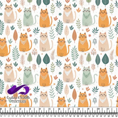 Smiling cats surrounded by leaves and flowers