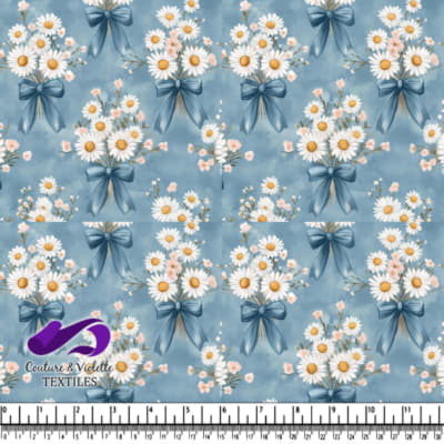 Bouquet of daisies with blue ribbons on a soft blue background