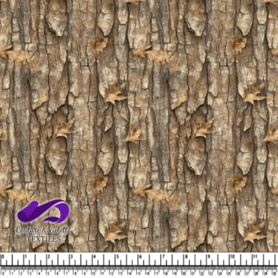 Realistic tree bark texture with scattered dry leaves