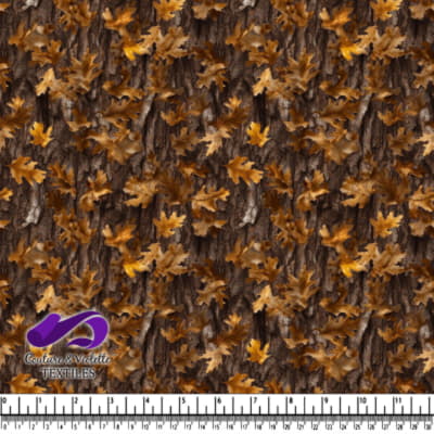 Brown autumn oak leaves scattered on tree bark