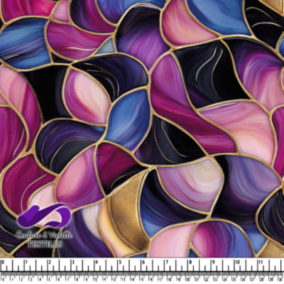 Abstract stained glass pattern with shades of purple blue pink and gold