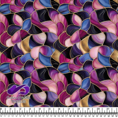 Abstract stained glass pattern with shades of purple blue pink and gold