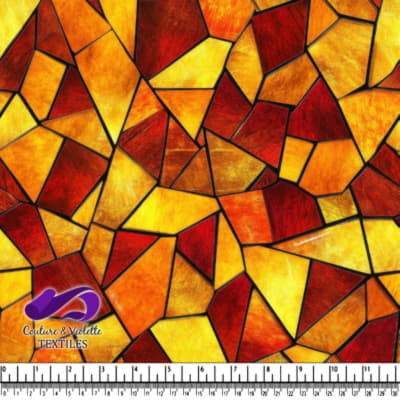 Warm autumn stained glass pattern with yellow orange and red geometric shapes