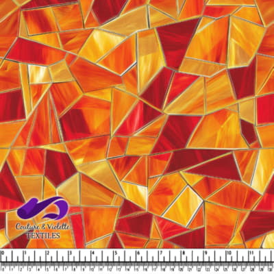 Abstract geometric stained glass pattern in vibrant red orange and yellow colors