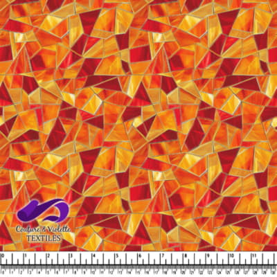 Abstract geometric stained glass pattern in vibrant red orange and yellow colors