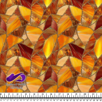 Orange and brown stained glass mosaic pattern with gold accents