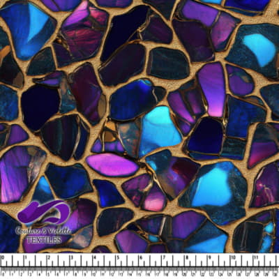 Blue and purple iridescent mosaic pattern with irregular shapes and gold grout