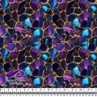 Blue and purple iridescent mosaic pattern with irregular shapes and gold grout