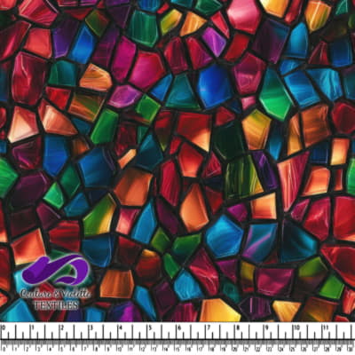 Colorful stained glass mosaic pattern with vibrant irregular shapes and black outlines