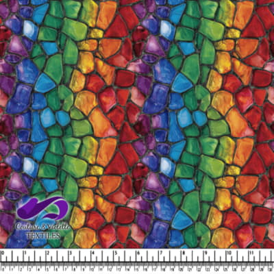 Colorful abstract mosaic pattern with vibrant rainbow hues and irregular stone shapes