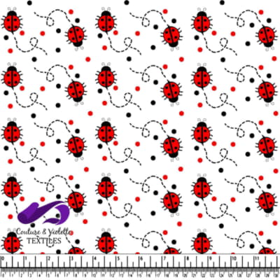 Flying ladybugs with dotted trails on white background