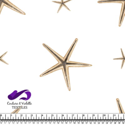Patterned fabric design with beige starfish on white background