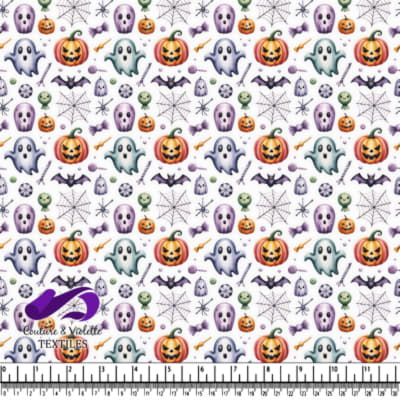 Ghosts pumpkins bats spiderwebs and candy on white background