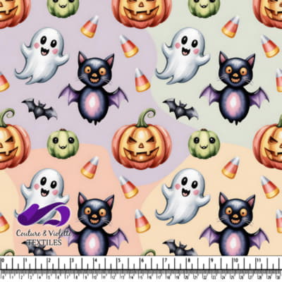 Cute ghosts bats pumpkins candy and green monsters