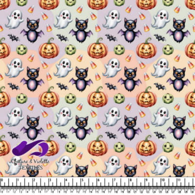 Cute ghosts bats pumpkins candy and green monsters