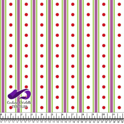 Vertical green and purple stripes and red polka dots pattern