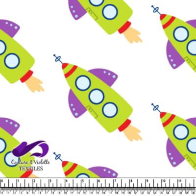 Colorful cartoon rockets with flames on white background