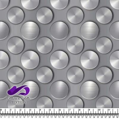 Metallic silver brushed steel circular discs on gray background