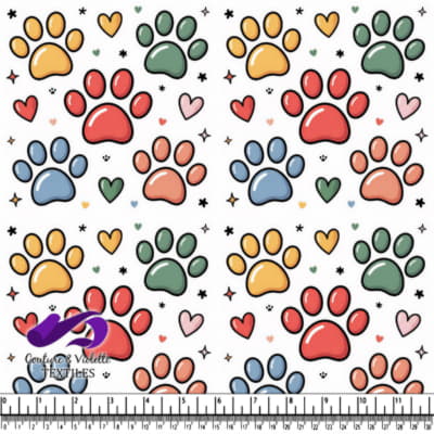 Colorful paw prints and hearts pattern
