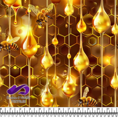 Gouttes de miel doré et abeilles sur un motif hexagonal en nid d'abeille