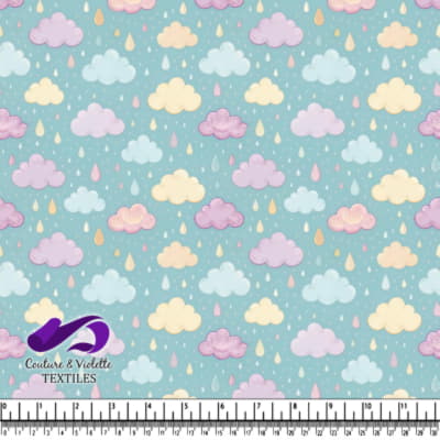 Pastel Clouds and Raindrops Pattern on Blue Background