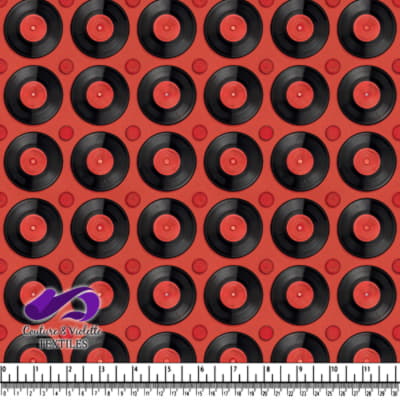 Vintage Vinyl Record Pattern on Red Fabric Background