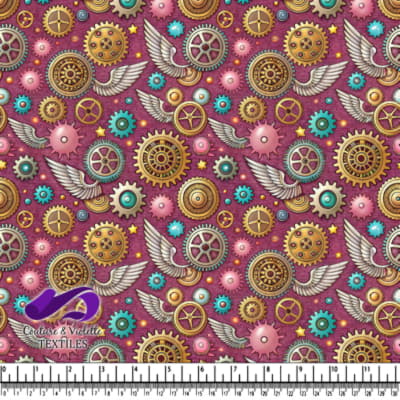 Steampunk Flying Gears and Cogs Pattern on Purple Background