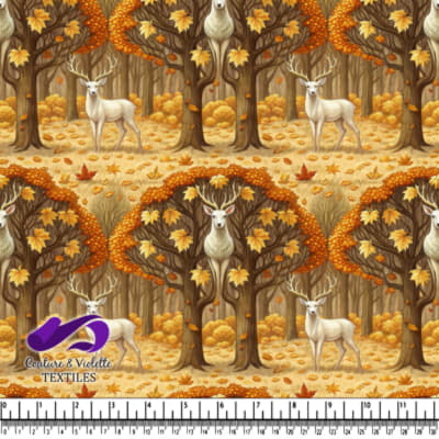 Cerf Blanc Majestueux Se Tenant dans une Forêt d'Automne avec des Feuilles Tombantes