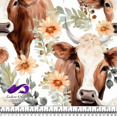 Brown and white cows with flowers